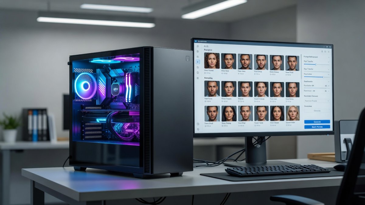 Desktop computer tower with glowing GPU running local AI image generation