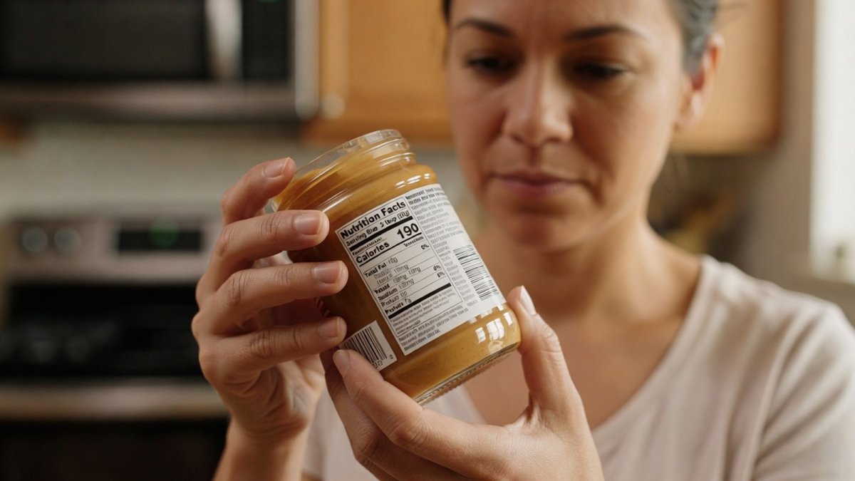 A shopper reading the nutrition facts label on a packaged food jar in India