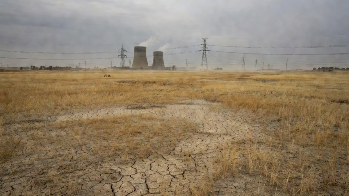 Parched wetland and industrial cooling infrastructure near Santiago during Chile's mega-drought