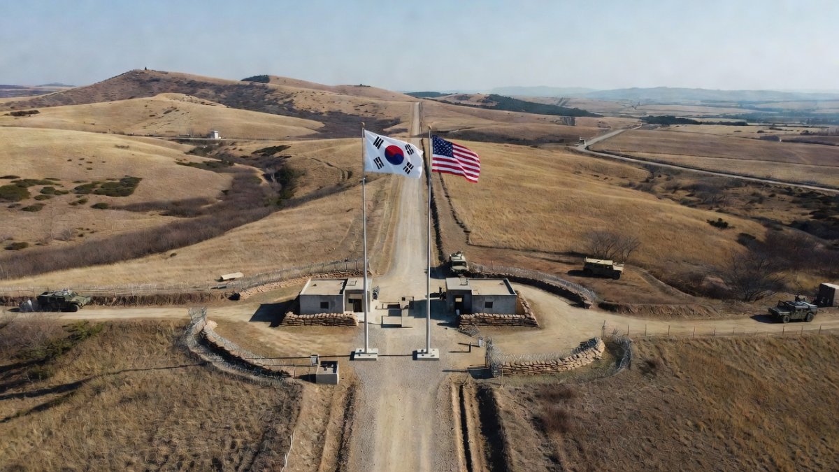 Korean border checkpoint with US and South Korean flags