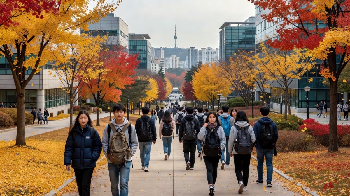 International students walking across a South Korean university campus
