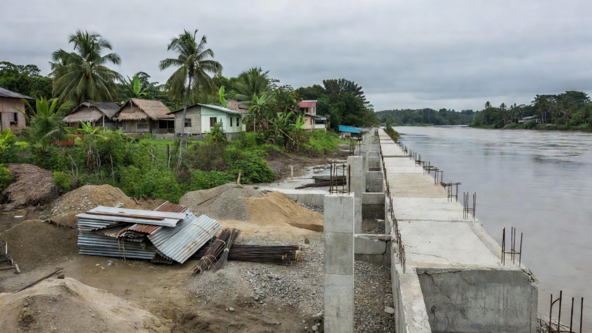 Unfinished flood control infrastructure along a river in a Philippine province, similar to projects under DOJ investigation
