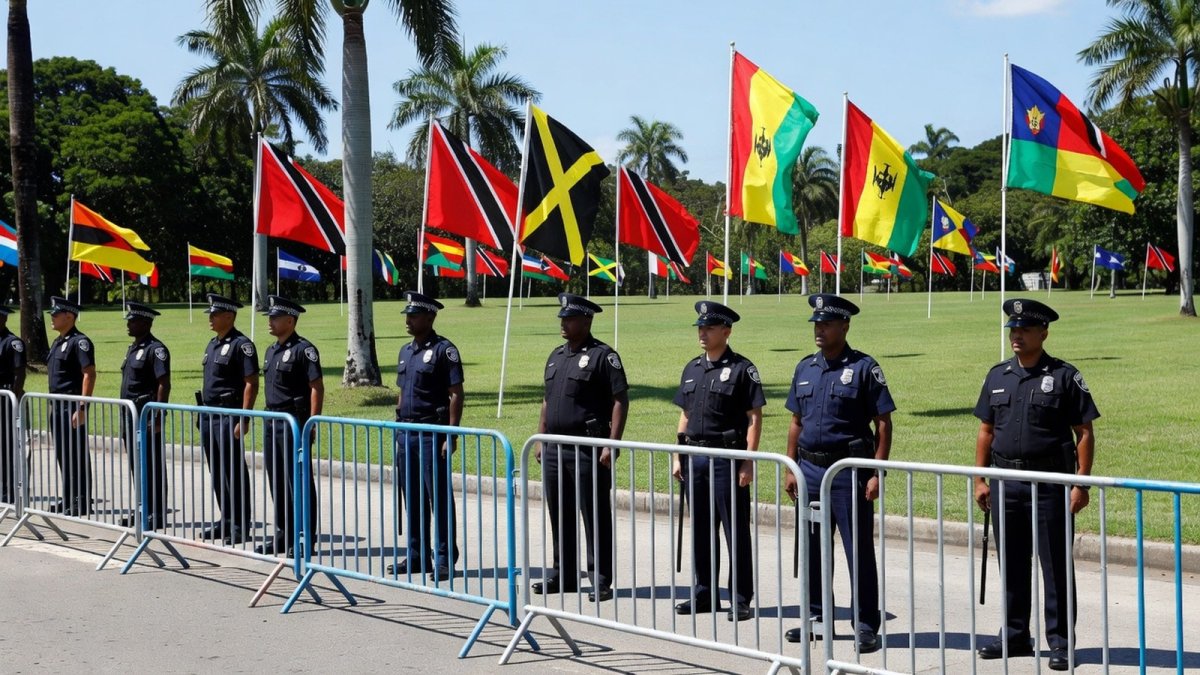 Police secure the Queen's Park Savannah area ahead of Independence Day celebrations in Port of Spain