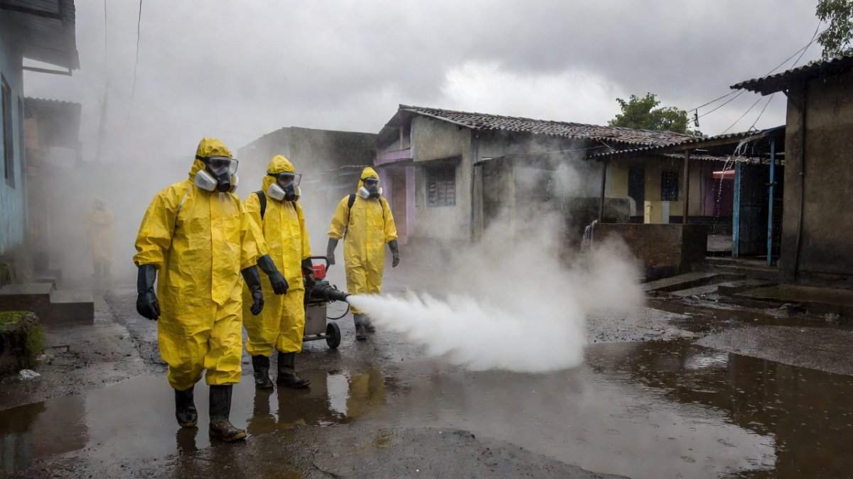 Health workers conducting fogging for mosquito control in a residential area in India during monsoon