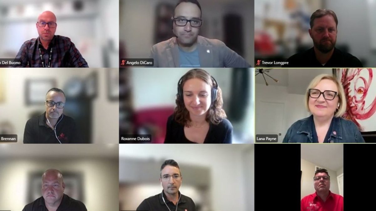 Unifor members at a national webinar on auto tariffs