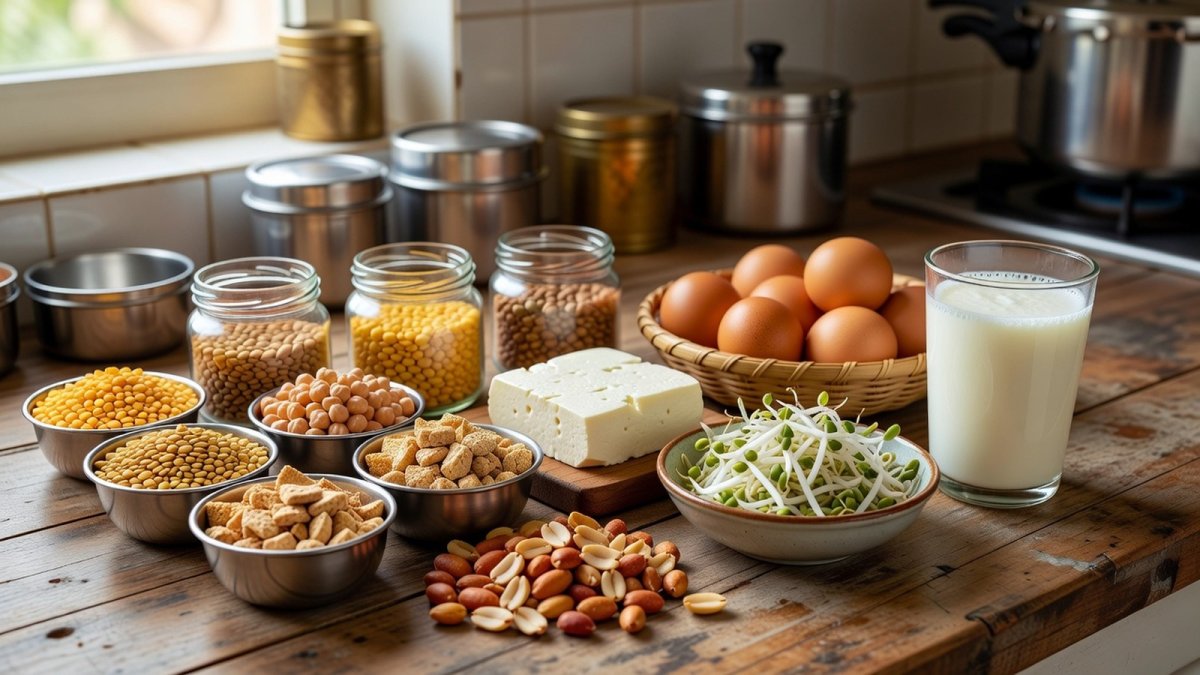 Indian kitchen protein sources including lentils, soya chunks, paneer, eggs and sprouts