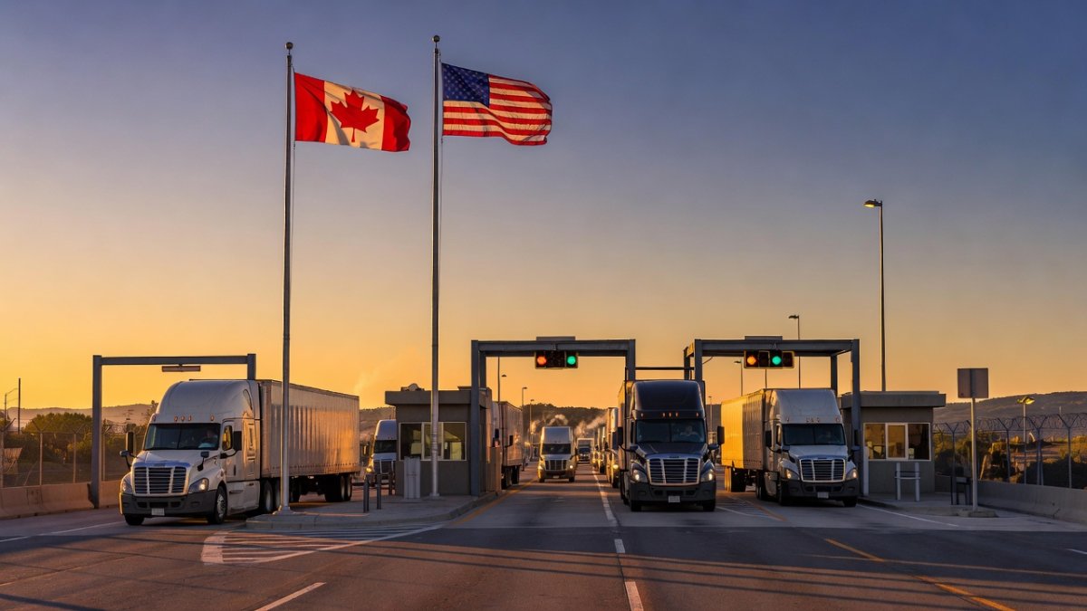 Canadian and American flags near the border crossing as trade tensions escalate