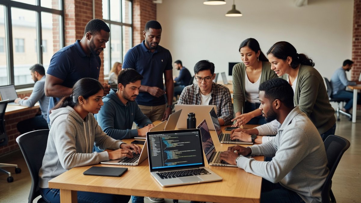 Developers collaborating in a coworking space