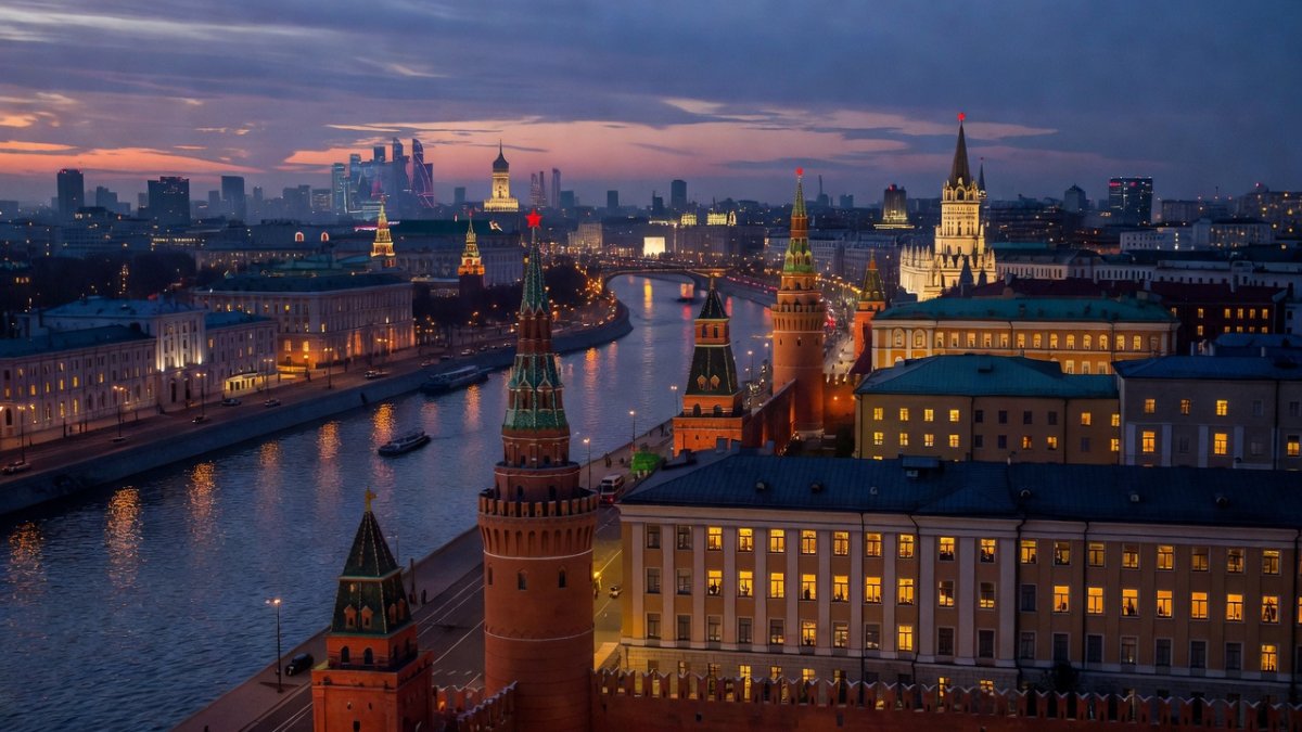 Aerial view of the Moscow Kremlin at dusk