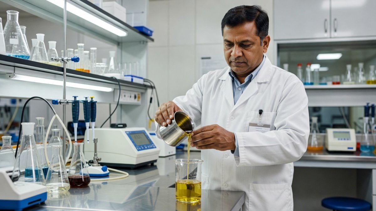 Food safety official testing a cooking oil sample in a laboratory