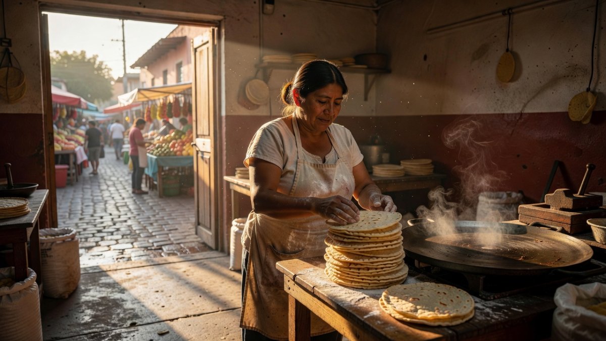 Tortilleria worker stacking fresh tortillas in a Mexican market
