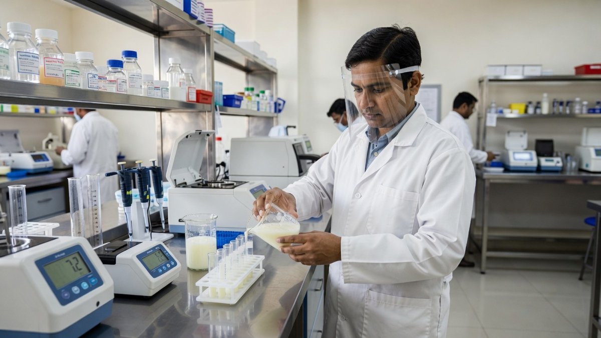 Laboratory testing of milk samples for adulterants such as urea and detergent at a food safety lab in India