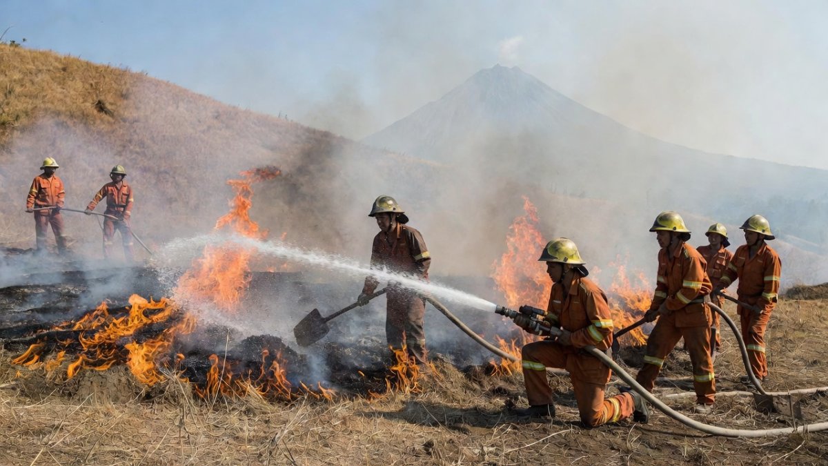 Firefighters battle a grass fire on a dry hillside near Mount Bromo, Indonesia