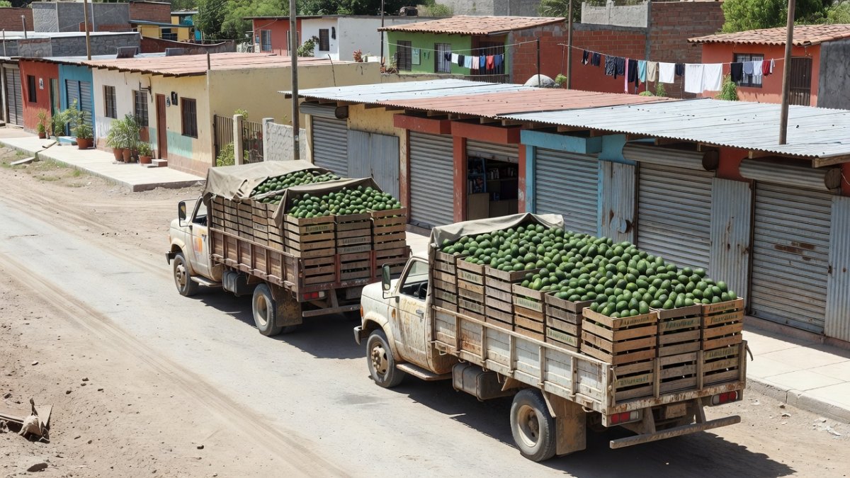 Avocado trucks and packing houses in a Michoacán town during the inspection suspension