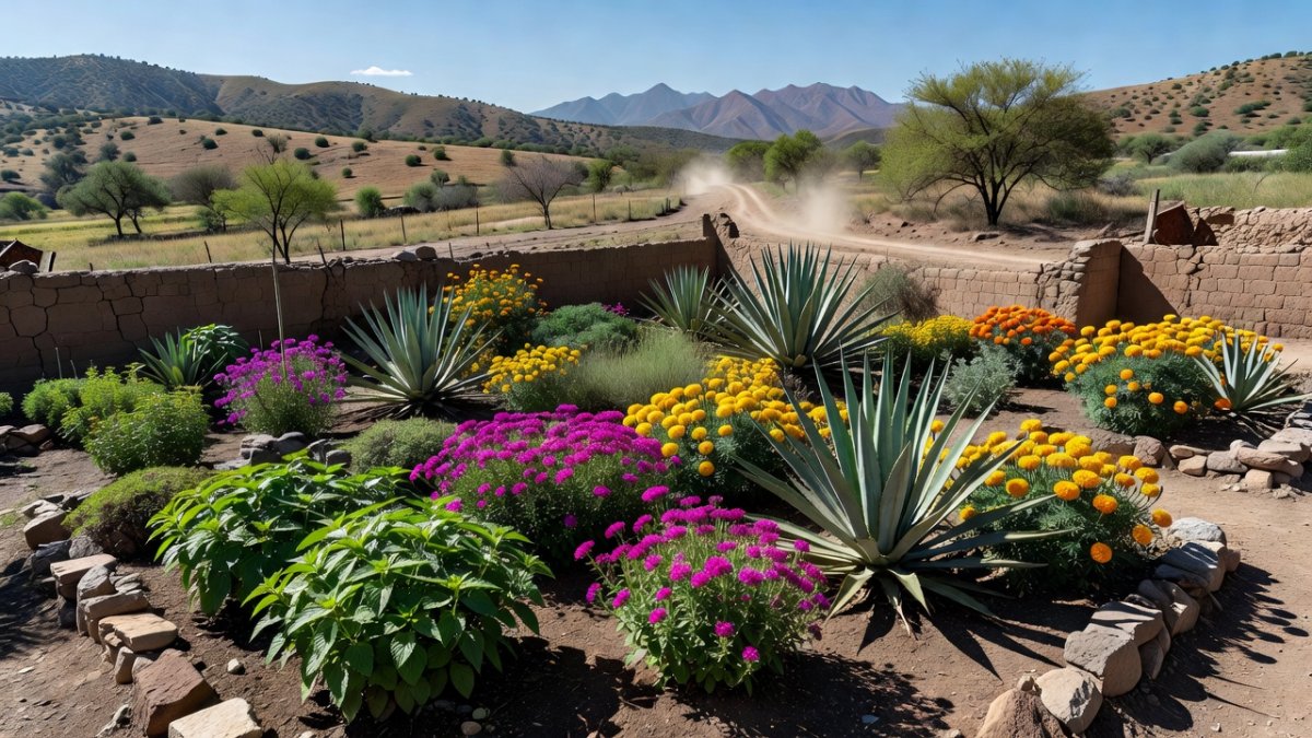 Traditional Mexican herbal medicine garden in a rural landscape