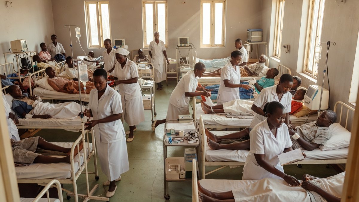 Nurses attend to patients in a public hospital ward