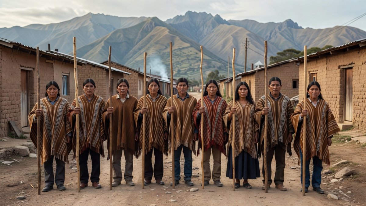 Nasa Indigenous Guard members standing with wooden staffs in rural Cauca