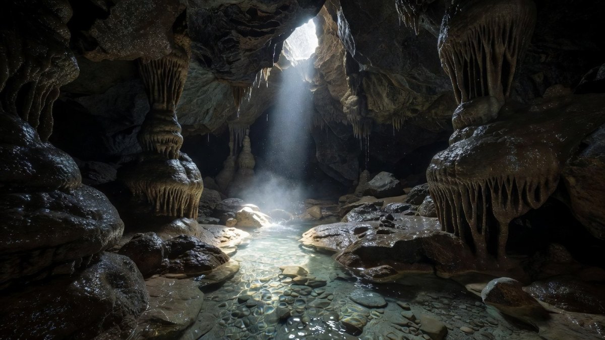 Inside the dry cave chamber where Erasto Crisanto Valdez survived 15 days, drinking from a crystal-clear stream