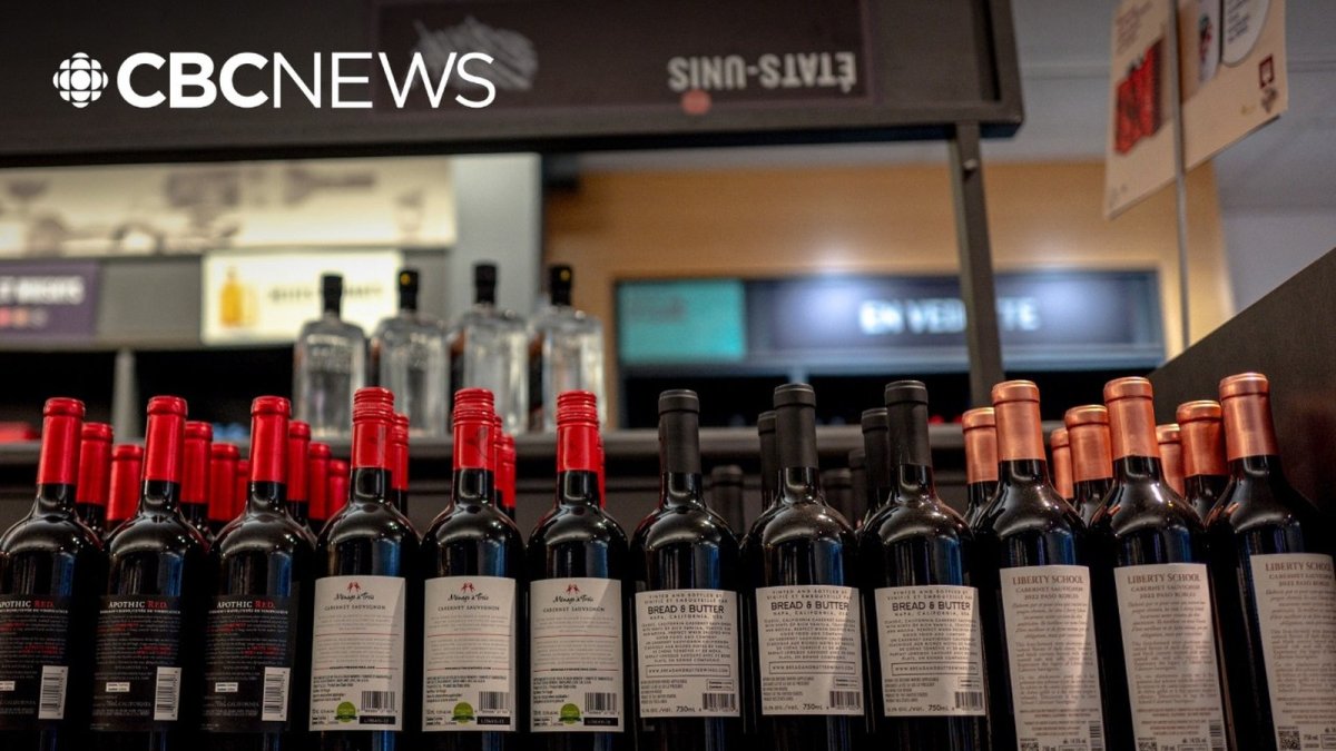 A liquor store display showing Canadian alcohol, with U.S. products removed from shelves during the provincial boycott