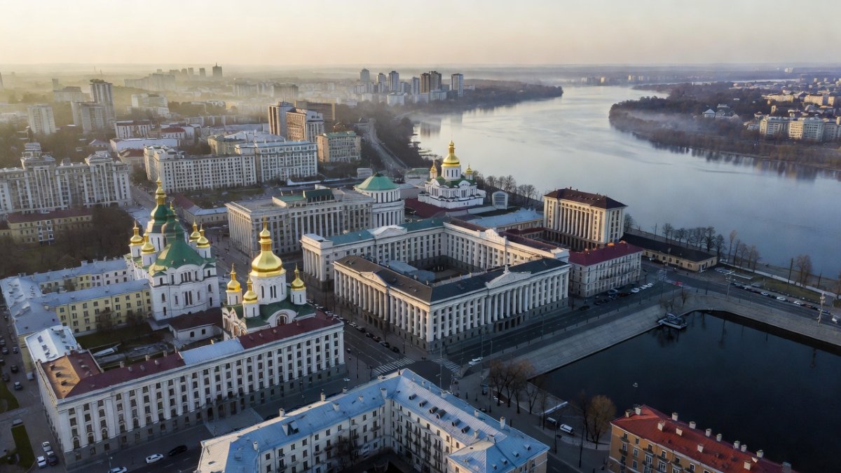 Aerial view of Kyiv city centre beside the Dnipro river