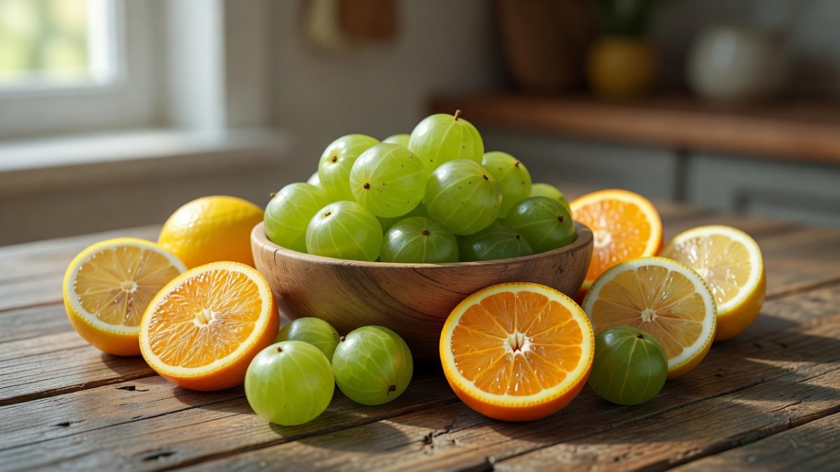 Fresh amla and citrus fruits rich in vitamin C for collagen synthesis