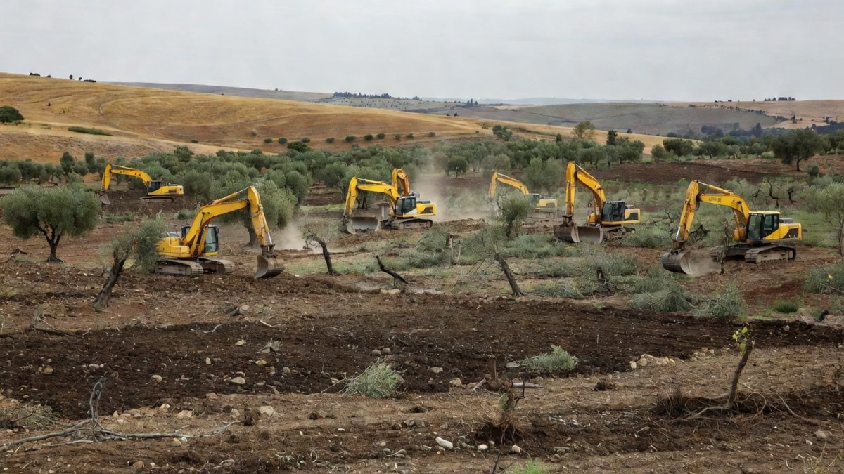 Bulldozers level olive groves and farmland in Arbouna village near Jenin as settlement expansion accelerates