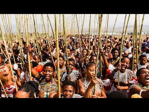 Young Zulu maidens take part in the reed dance at the royal palace in Nongoma