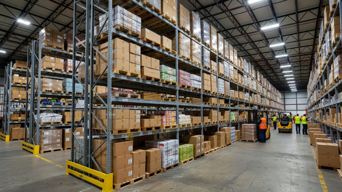 Interior of a large e-commerce logistics warehouse operated by Wildberries in Russia