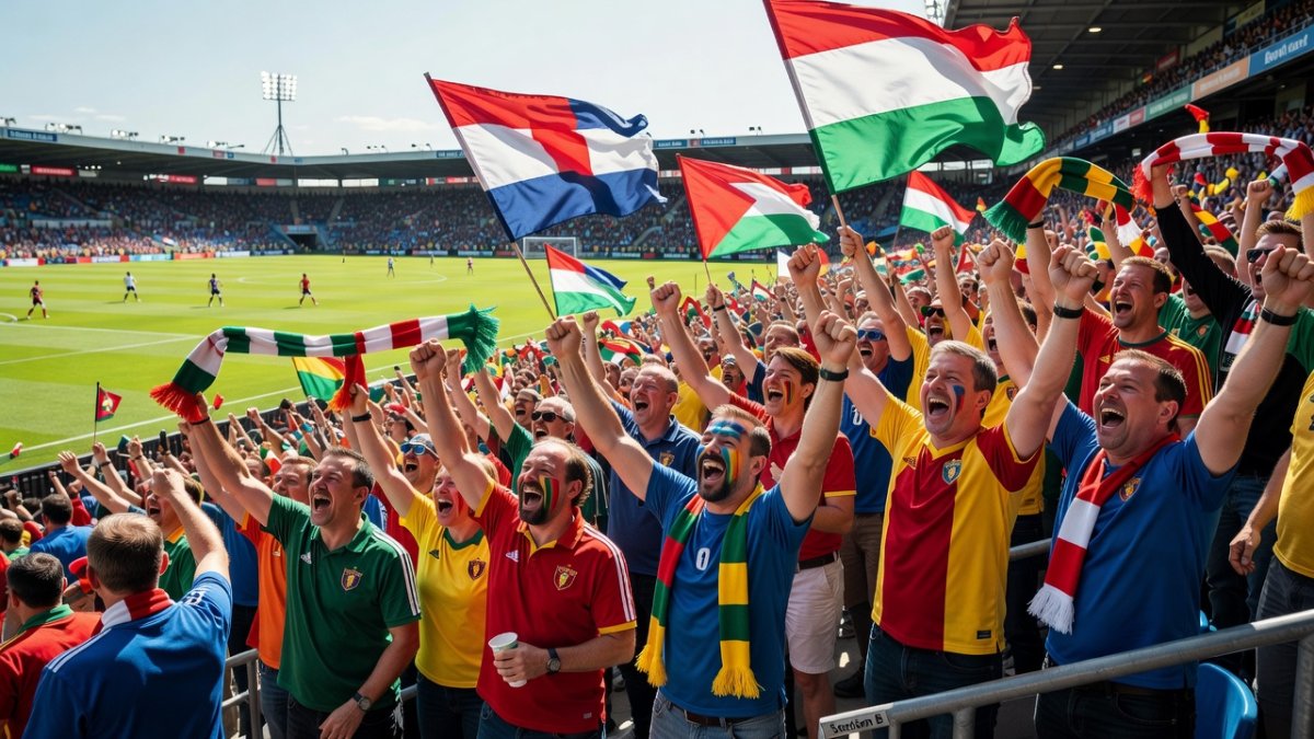 Football supporters celebrate in a packed stadium crowd