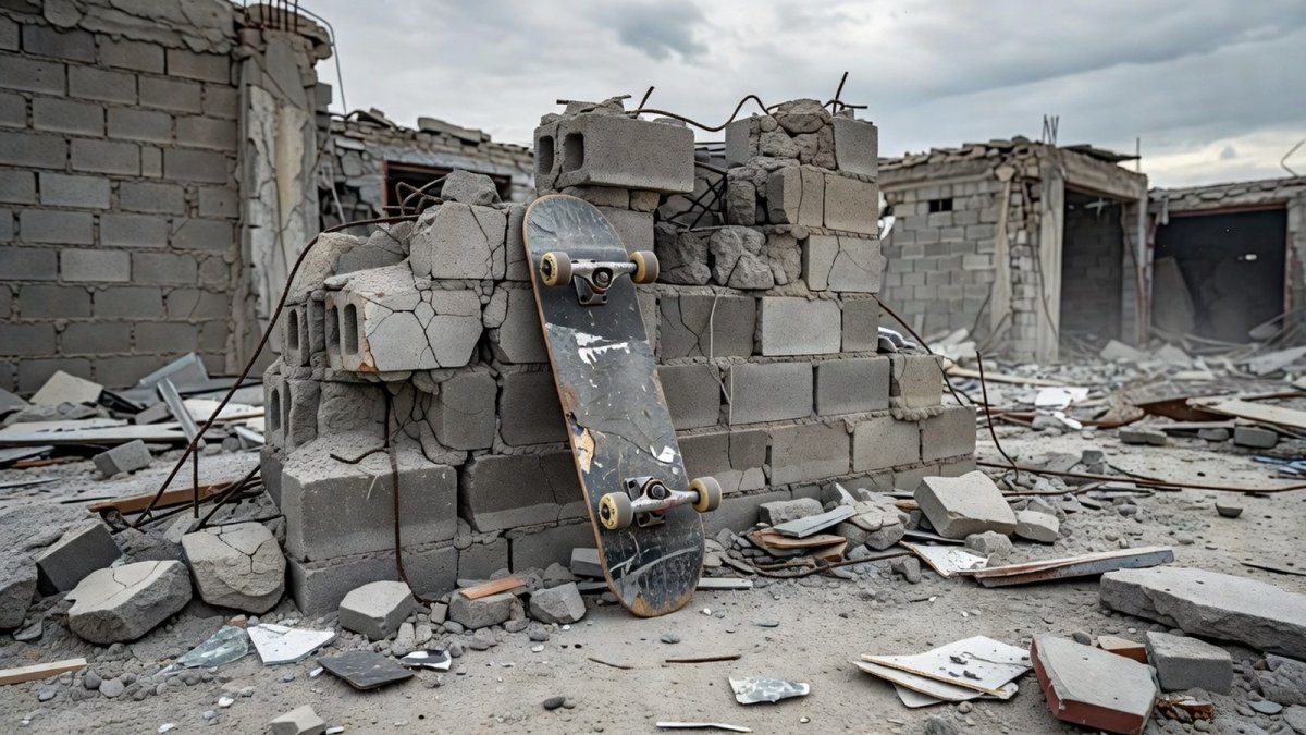 A worn skateboard leans against shattered concrete walls in a destroyed Gaza neighbourhood