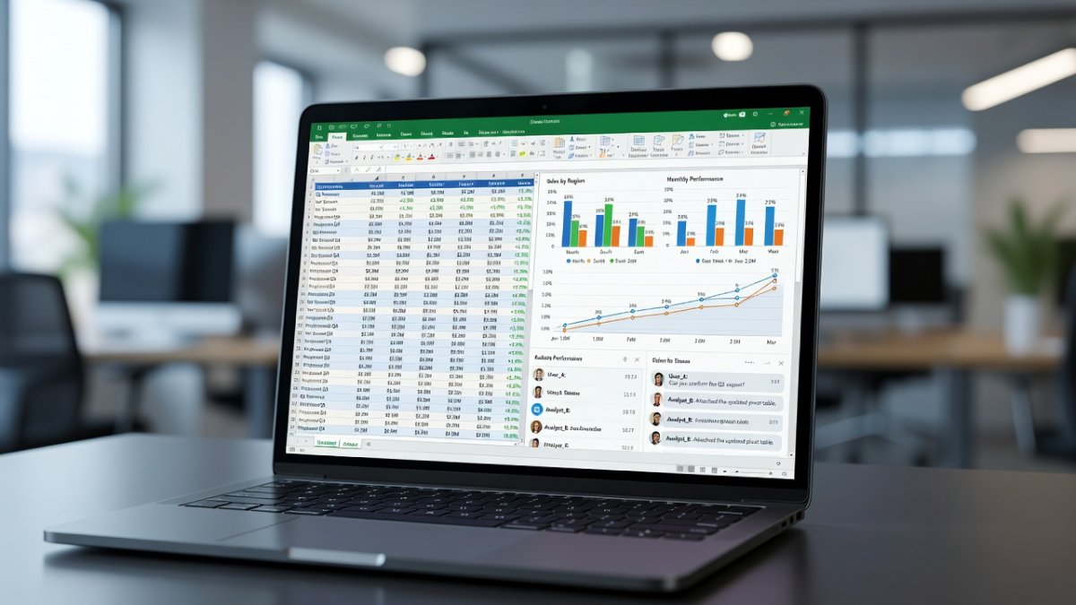 Laptop showing spreadsheet data and generated charts with chat interface