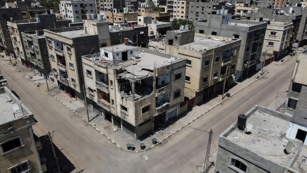 Aerial view of a residential neighbourhood in Gaza City showing damage from Israeli strikes