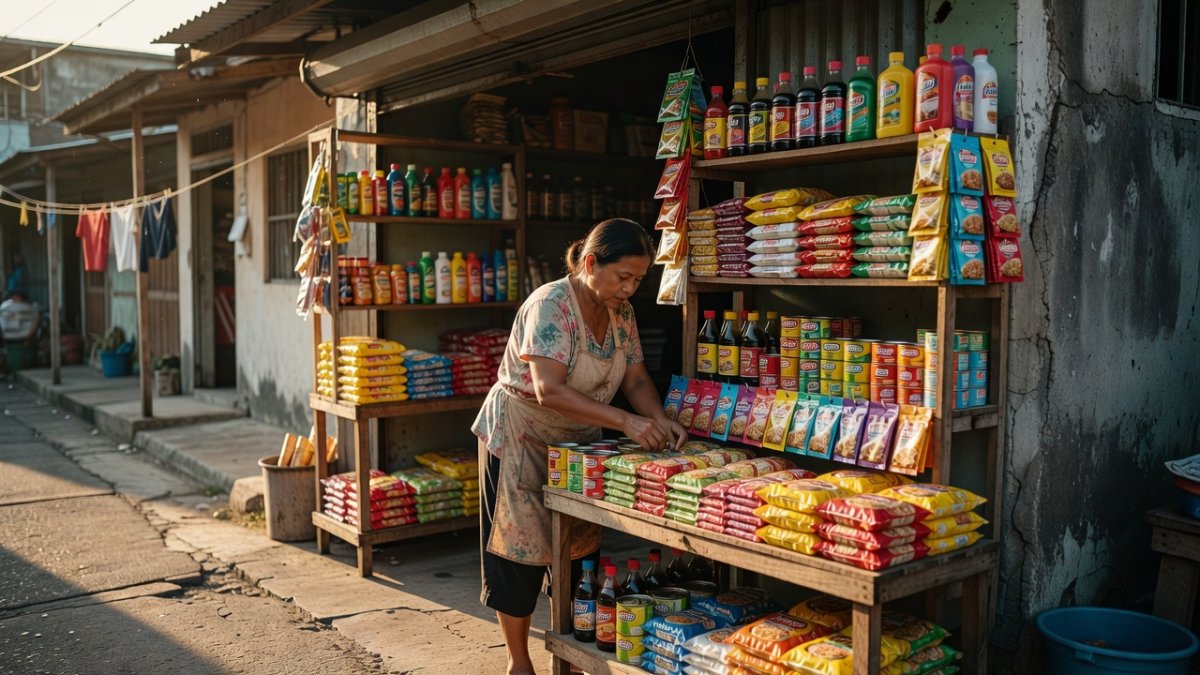 Filipino vendor at a sari-sari store as proposed taxes on plastic sachets and sweetened beverages could affect small neighborhood shops