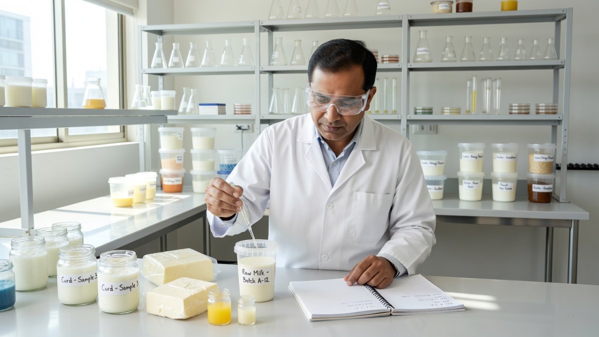 Food safety inspector examining dairy samples in a laboratory
