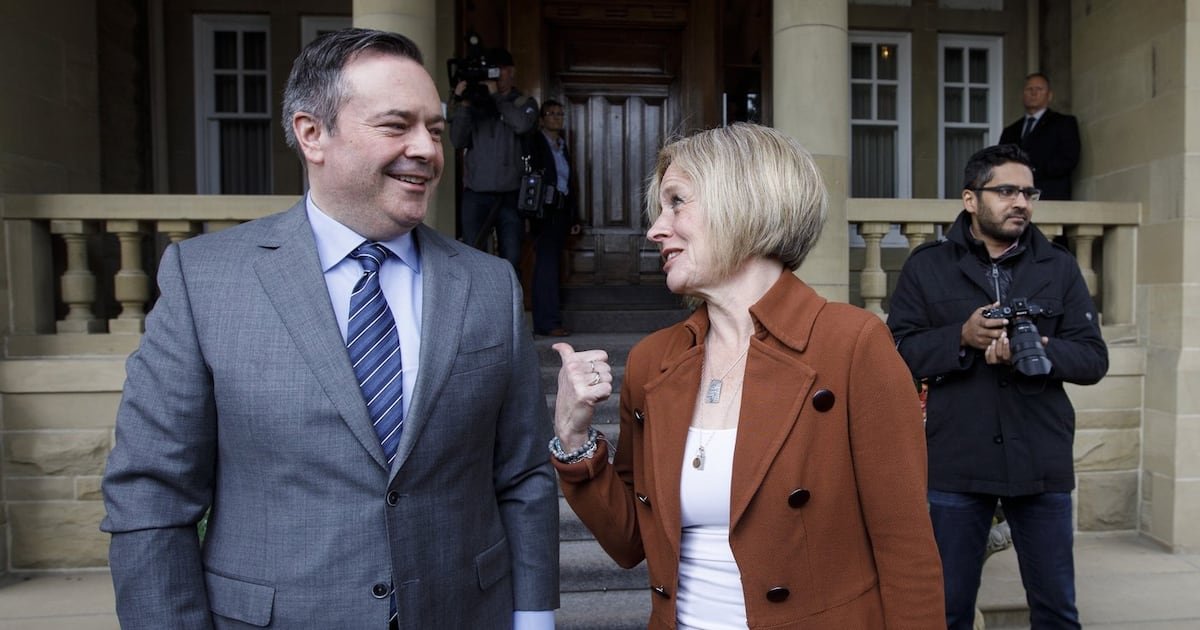 Rachel Notley and Jason Kenney meeting in Edmonton in 2019, before Kenney defeated her NDP government in that year’s provincial election