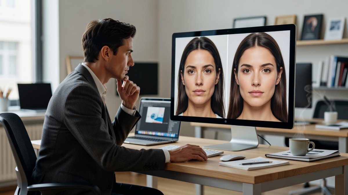 Designer comparing original and AI-enhanced portrait photos on screen