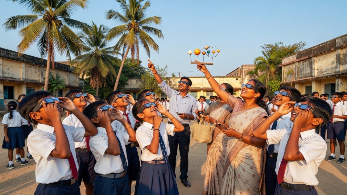 Indian school students viewing the sky with certified eclipse glasses during a science outreach event