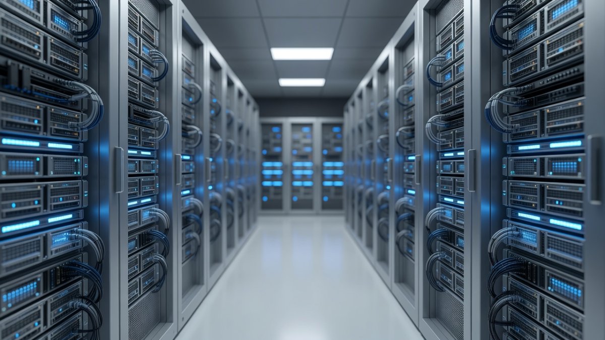 Modern data center with server racks glowing blue