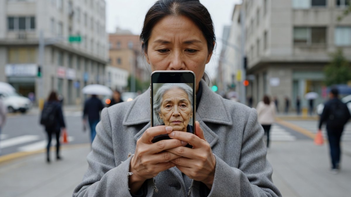Person looking at a smartphone displaying a realistic portrait photo on a city street