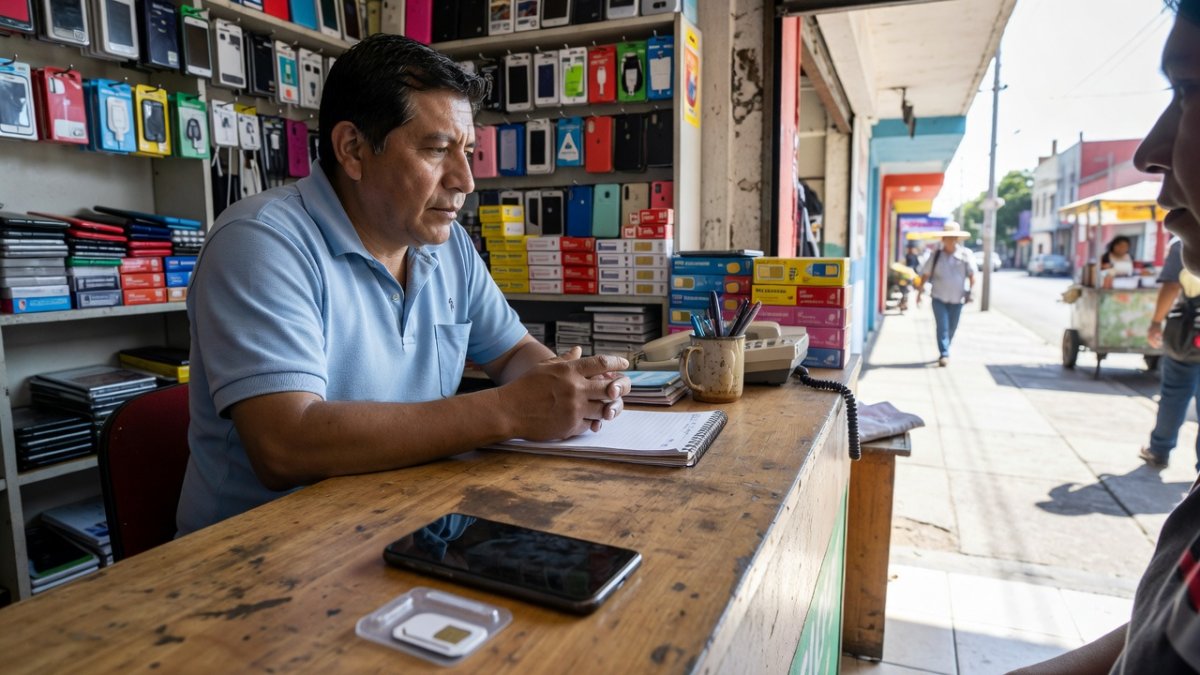 Mexican cell phone store customer service counter with smartphones and SIM cards