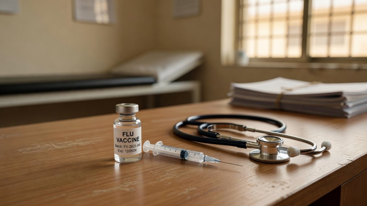 Flu vaccine vial and syringe at an Indian clinic, as experts urge annual influenza vaccination