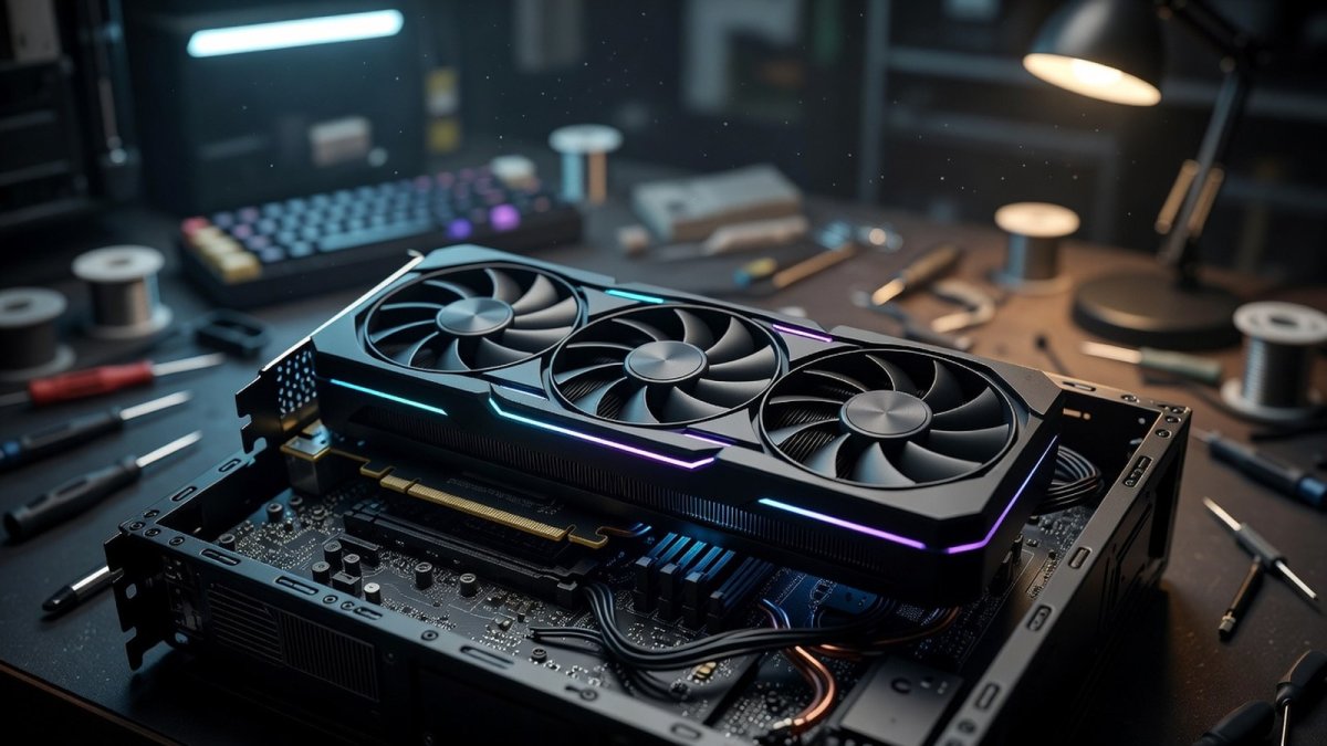 Modern graphics card installed in an open desktop computer case