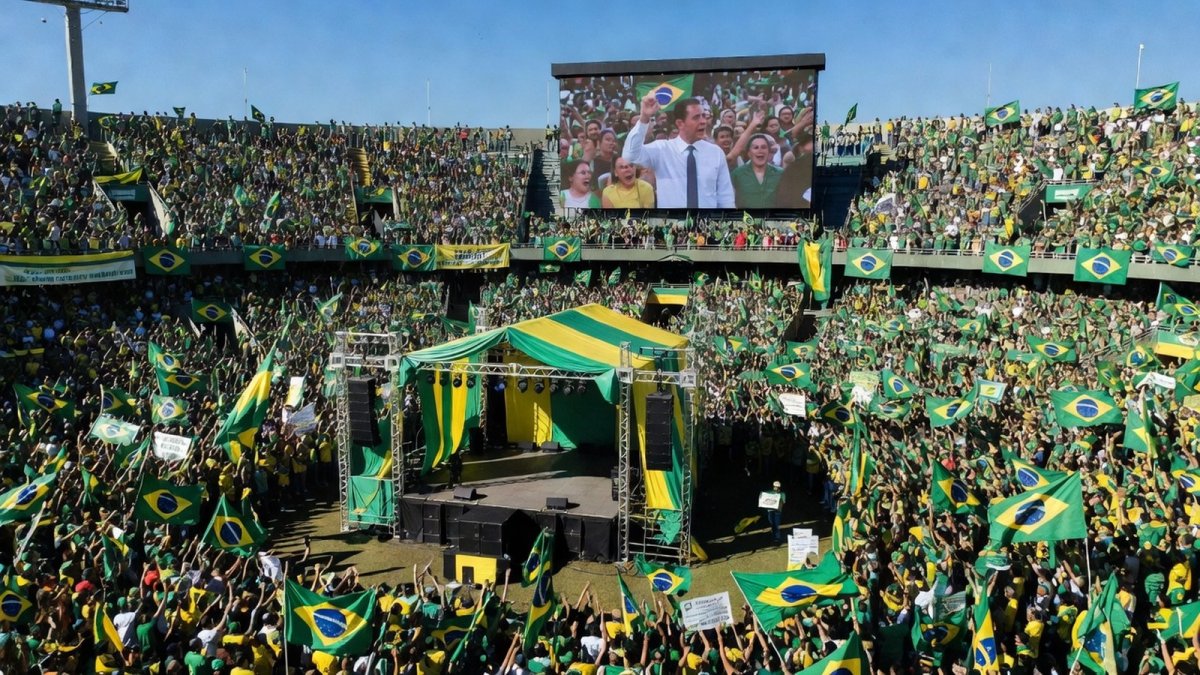 Aerial view of a large political campaign rally in a Brazilian stadium with green and yellow flags