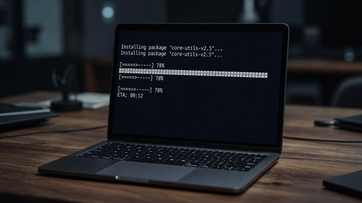 Laptop with a terminal window showing a software installation progress bar