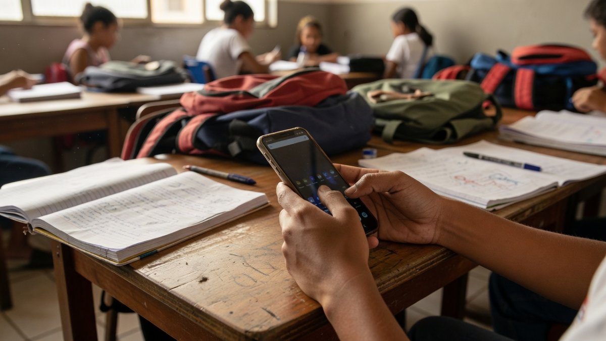 Hands holding a smartphone on a school desk in a Brazilian classroom