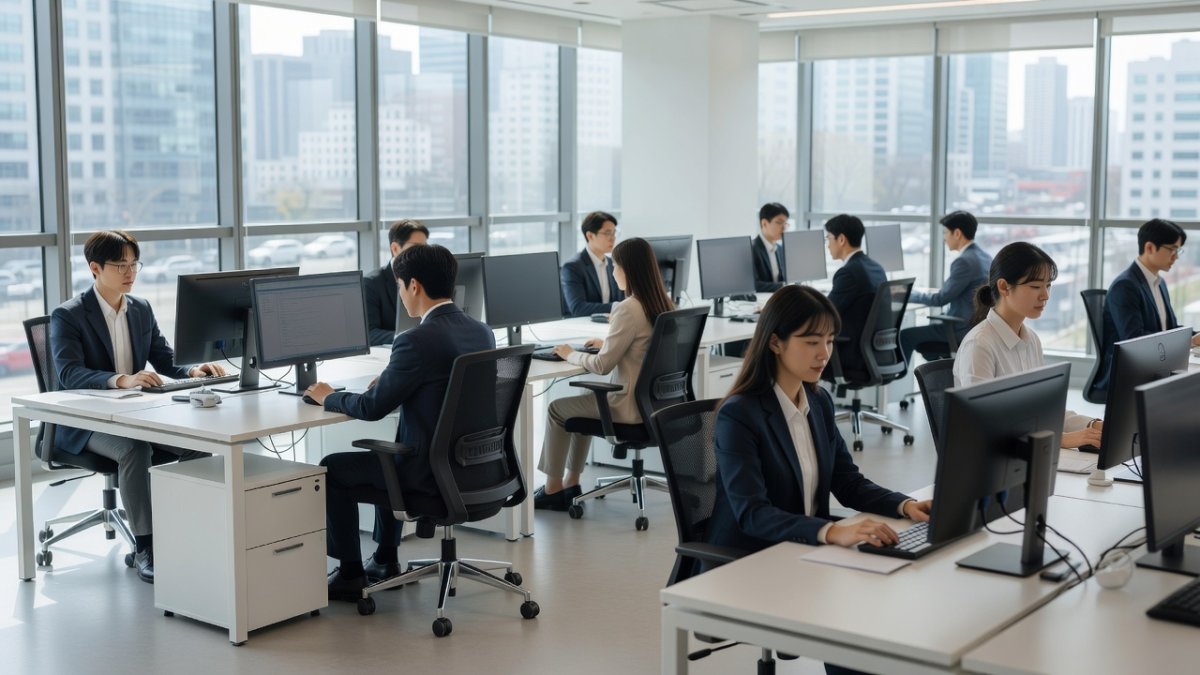 Modern Seoul office with young professionals working at computers