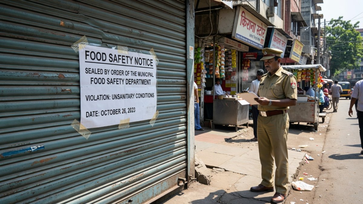 A sealed eatery entrance in Mumbai after licence suspension for hygiene violations