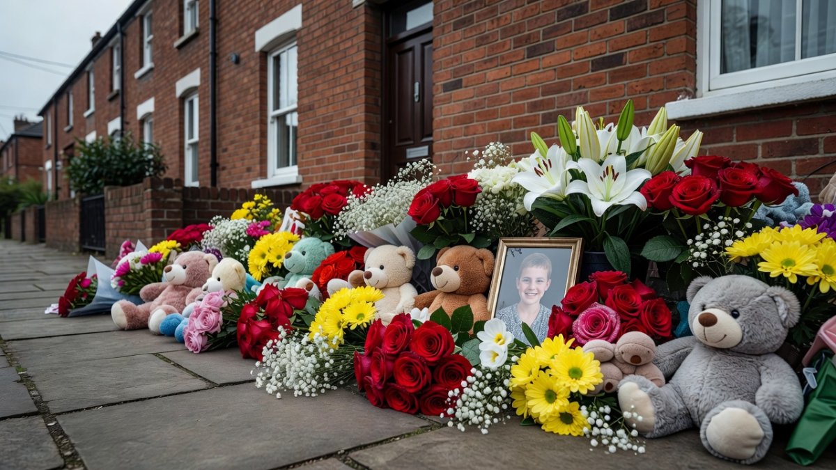 Floral tributes outside a house in Grangetown, Middlesbrough