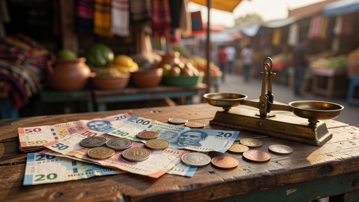 Mexican peso banknotes on a market counter