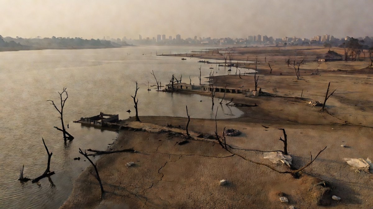 A Latin American drinking water reservoir at critically low levels during drought, echoing the Karian Reservoir crisis